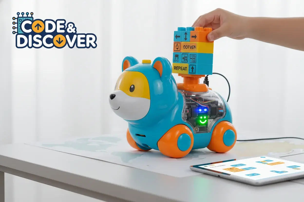 Programmable robotic toy for kids showing coding and learning features
