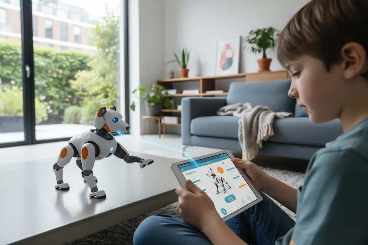 App-connected robotic toy showing smartphone integration and remote features