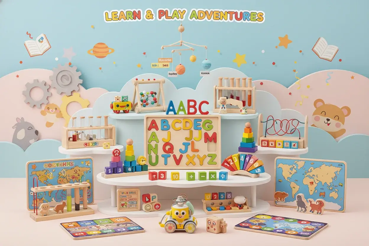 Collection of educational interactive toys showing learning features and child development benefits