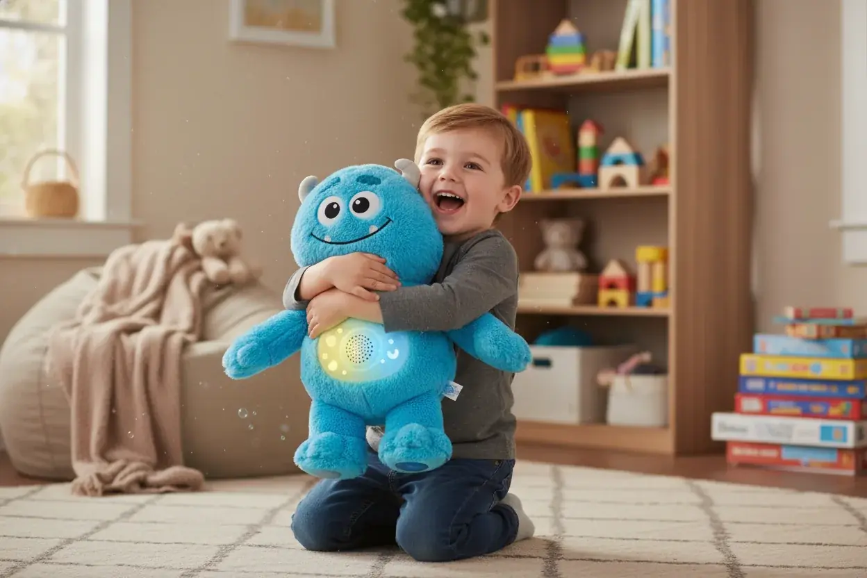 Child playing enthusiastically with character-themed interactive toy showing emotional connection