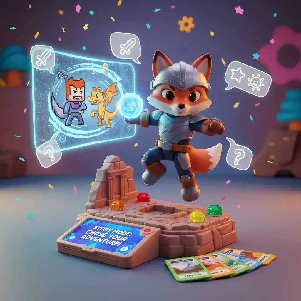 Interactive character toy in story mode showing narrative features and play scenarios