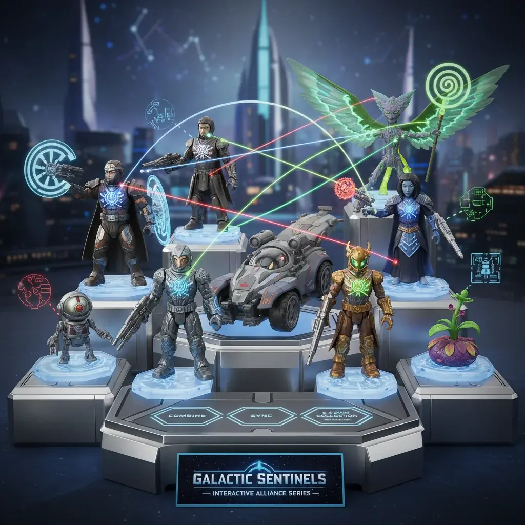 Collection of interactive character toys showing compatibility and group play features
