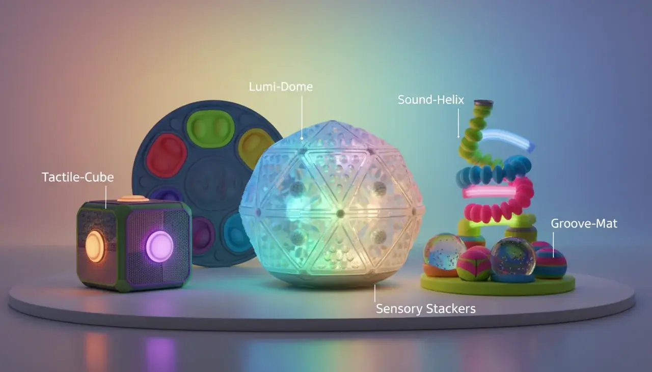 Sensory interactive toys showing various textures lights and tactile features for children