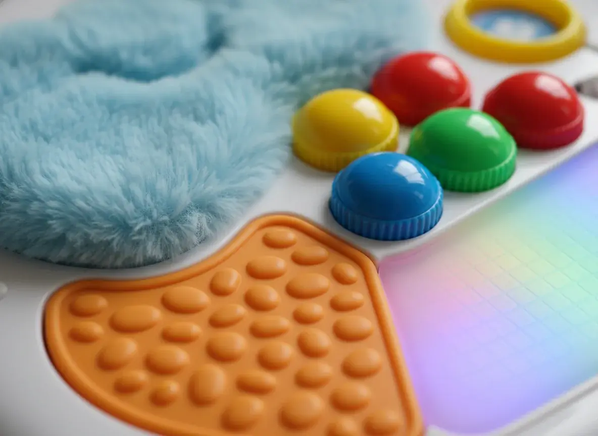 Close-up of interactive toy textures and touch-responsive surfaces showing tactile features