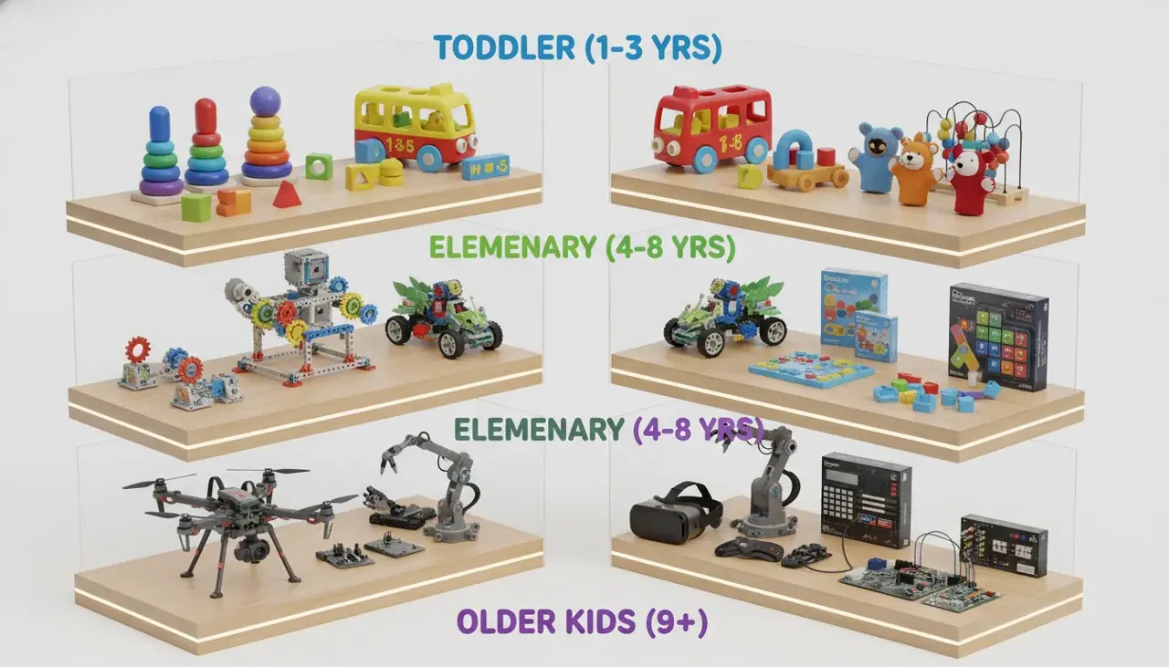 Variety of age-appropriate interactive toys organized by developmental stages and age ranges