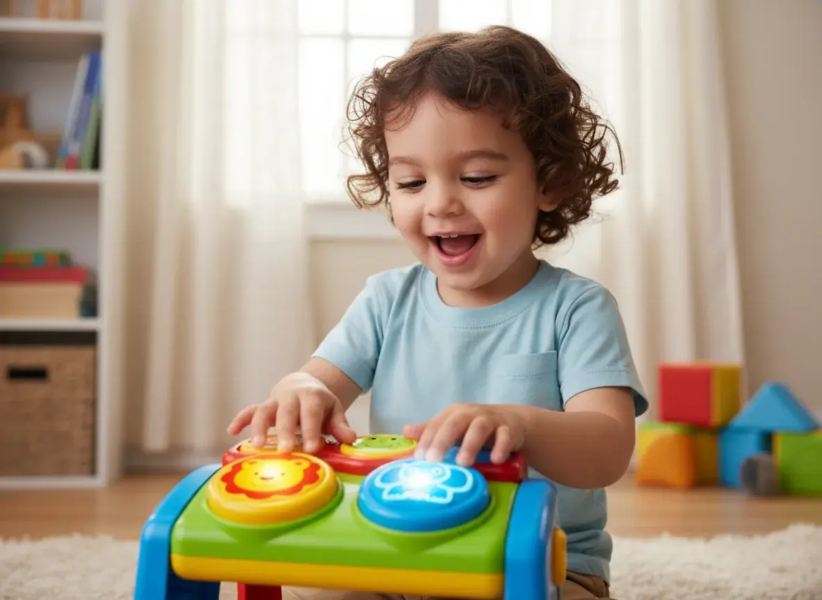 Young child playing with age-appropriate simple interactive toy designed for preschoolers