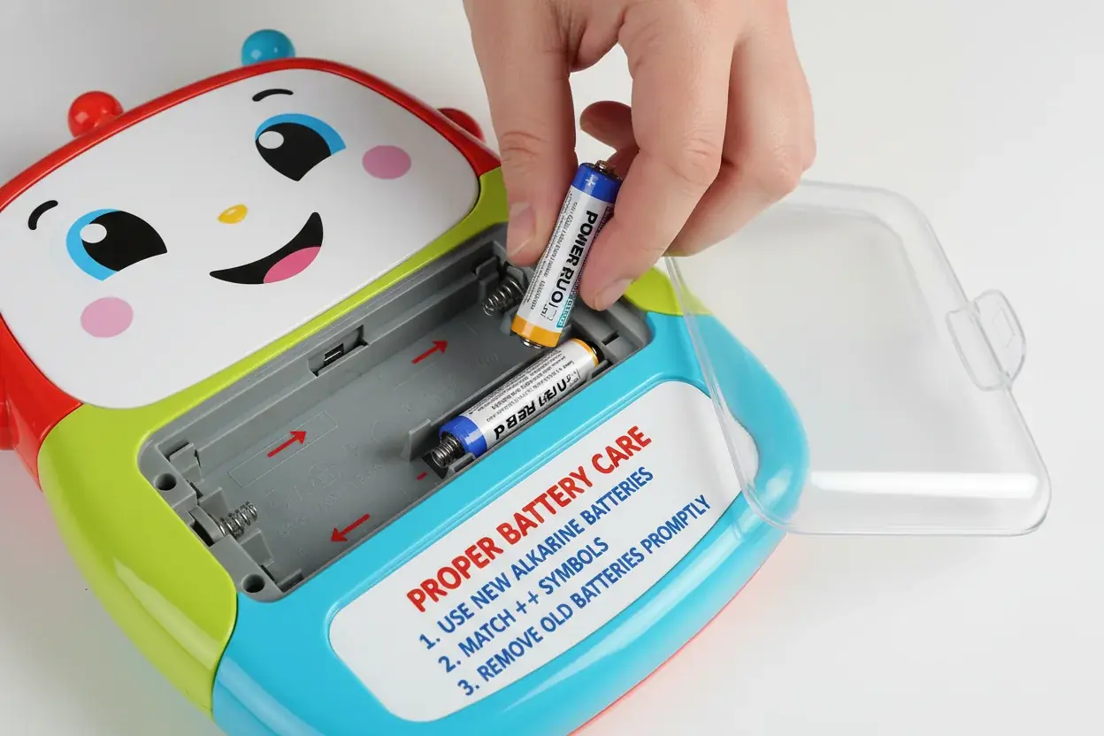 Interactive toy battery compartment showing proper battery installation and care