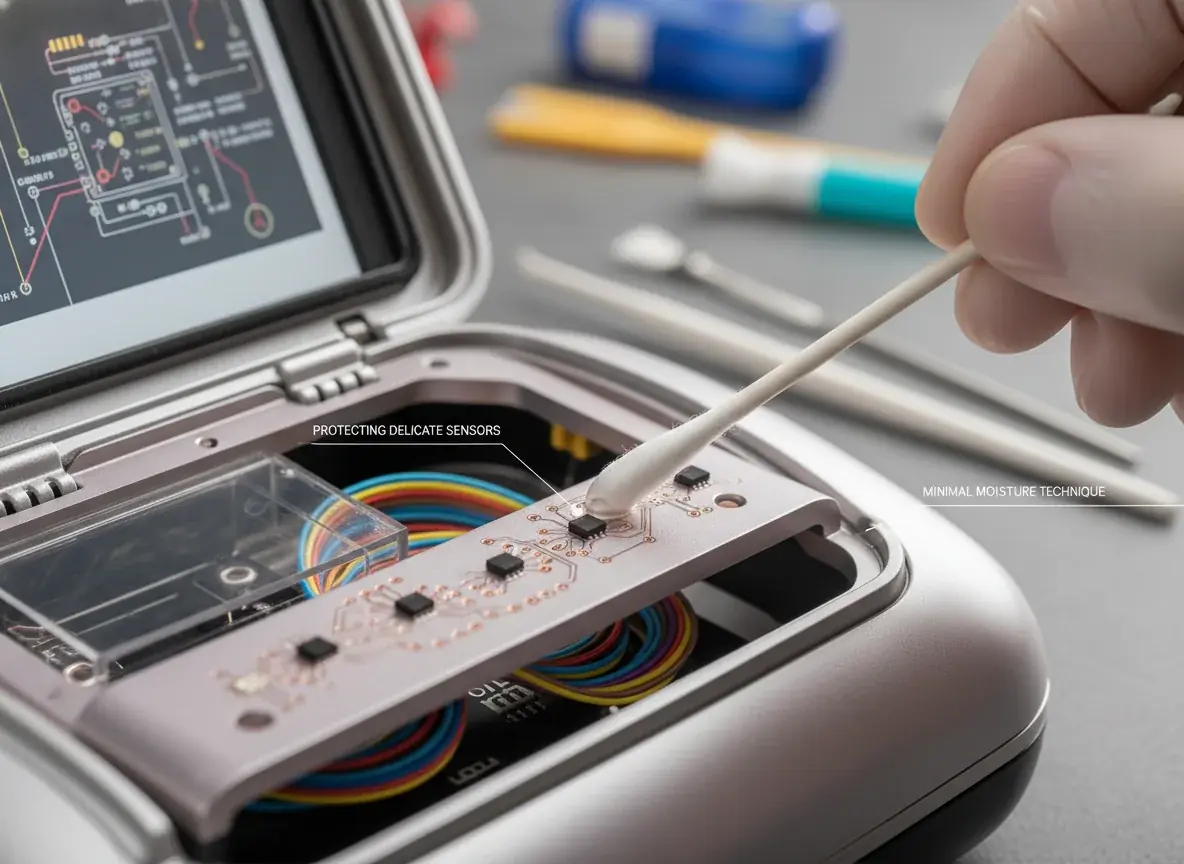 Careful cleaning of sensitive electronic areas on interactive toys