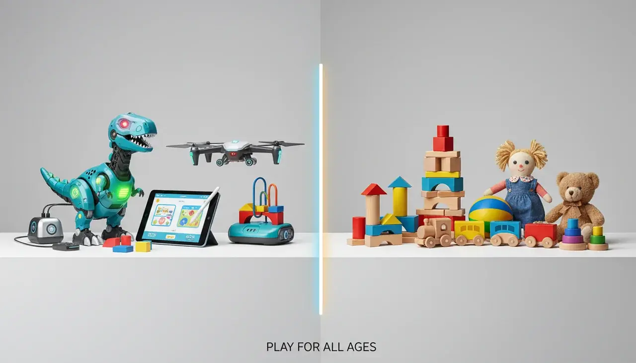 Comparison showing interactive electronic toys alongside traditional play toys demonstrating variety