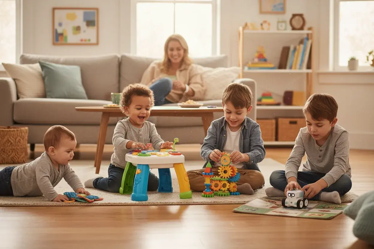 Happy children playing with quality interactive toys showing investment value in development and joy