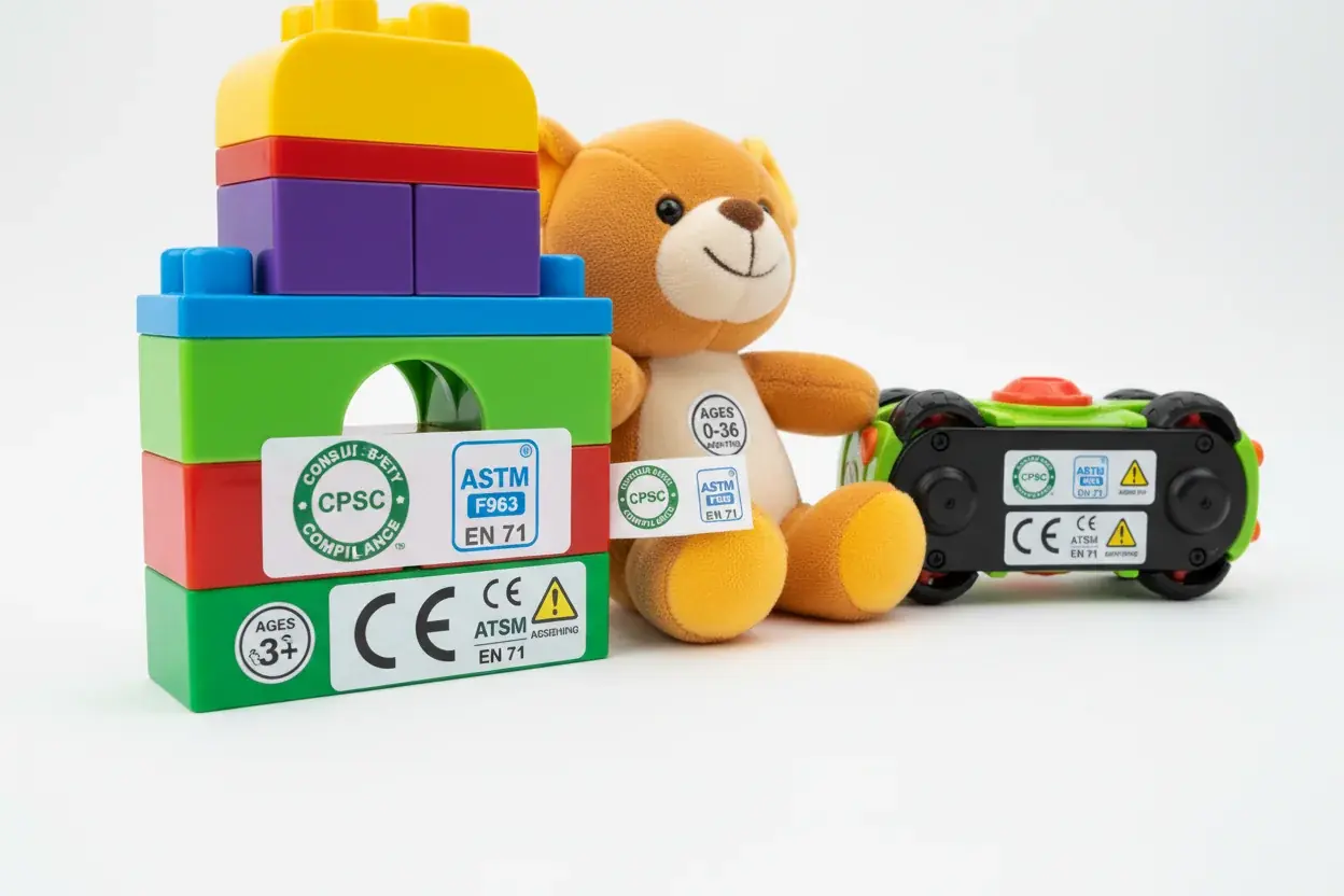 Safety certification labels and quality marks on interactive toys showing compliance standards