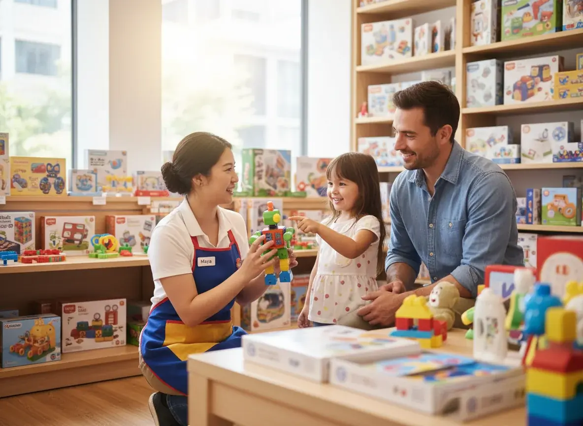 Helpful toy shop staff member assisting family in selecting perfect interactive toy