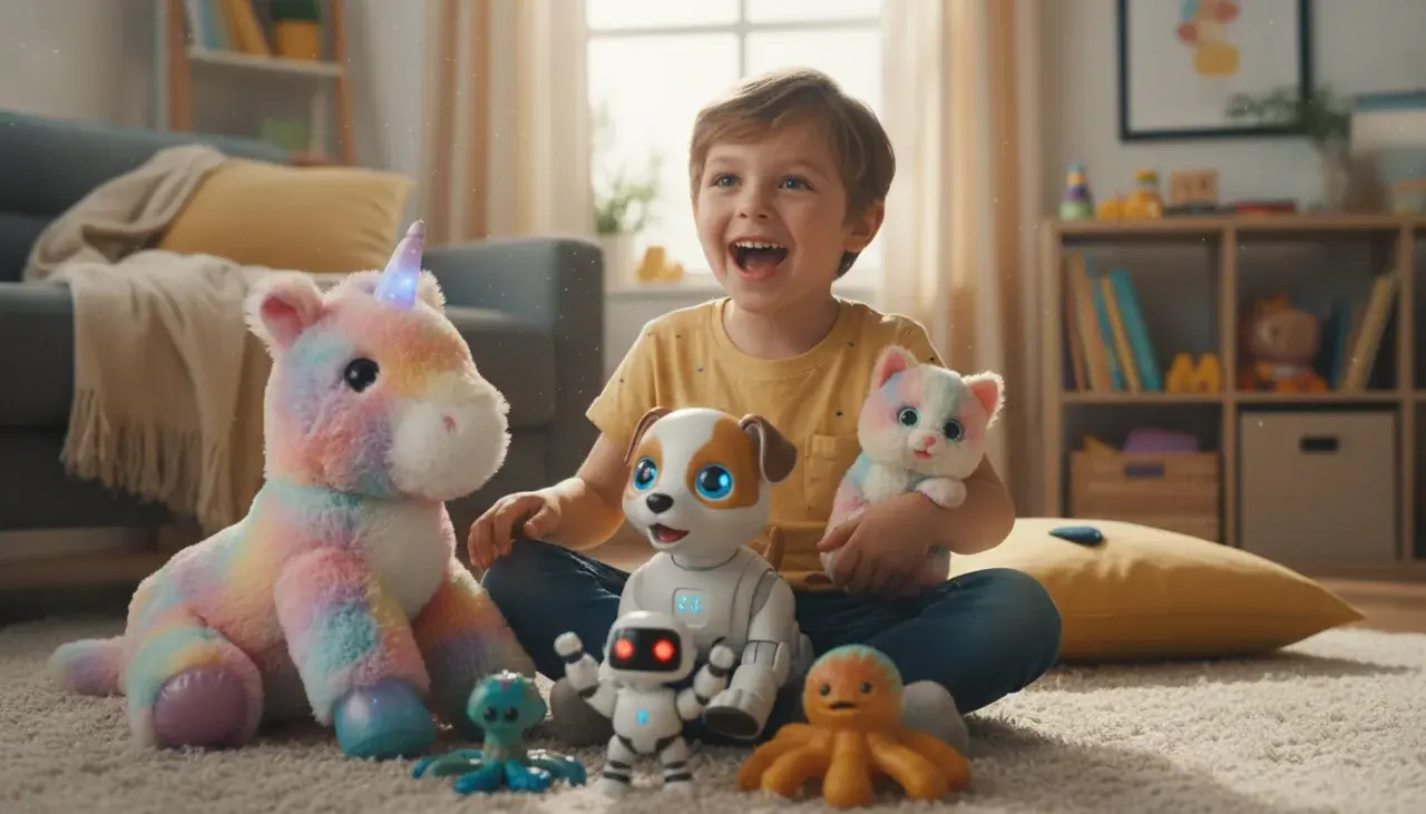 Happy child with collection of interactive toys showing joy and variety of companions available
