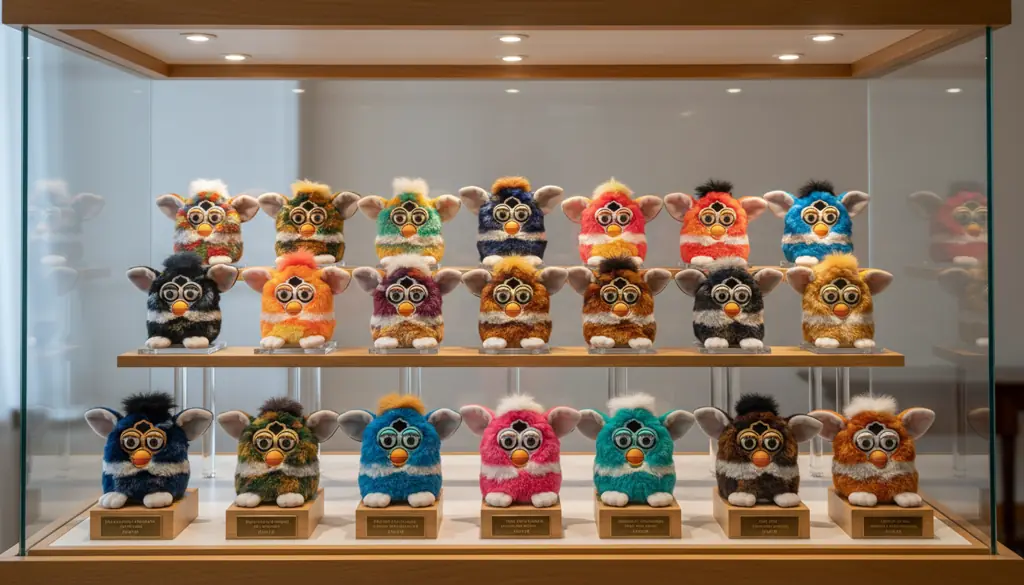 Well-organized rare Furby collection display shelving