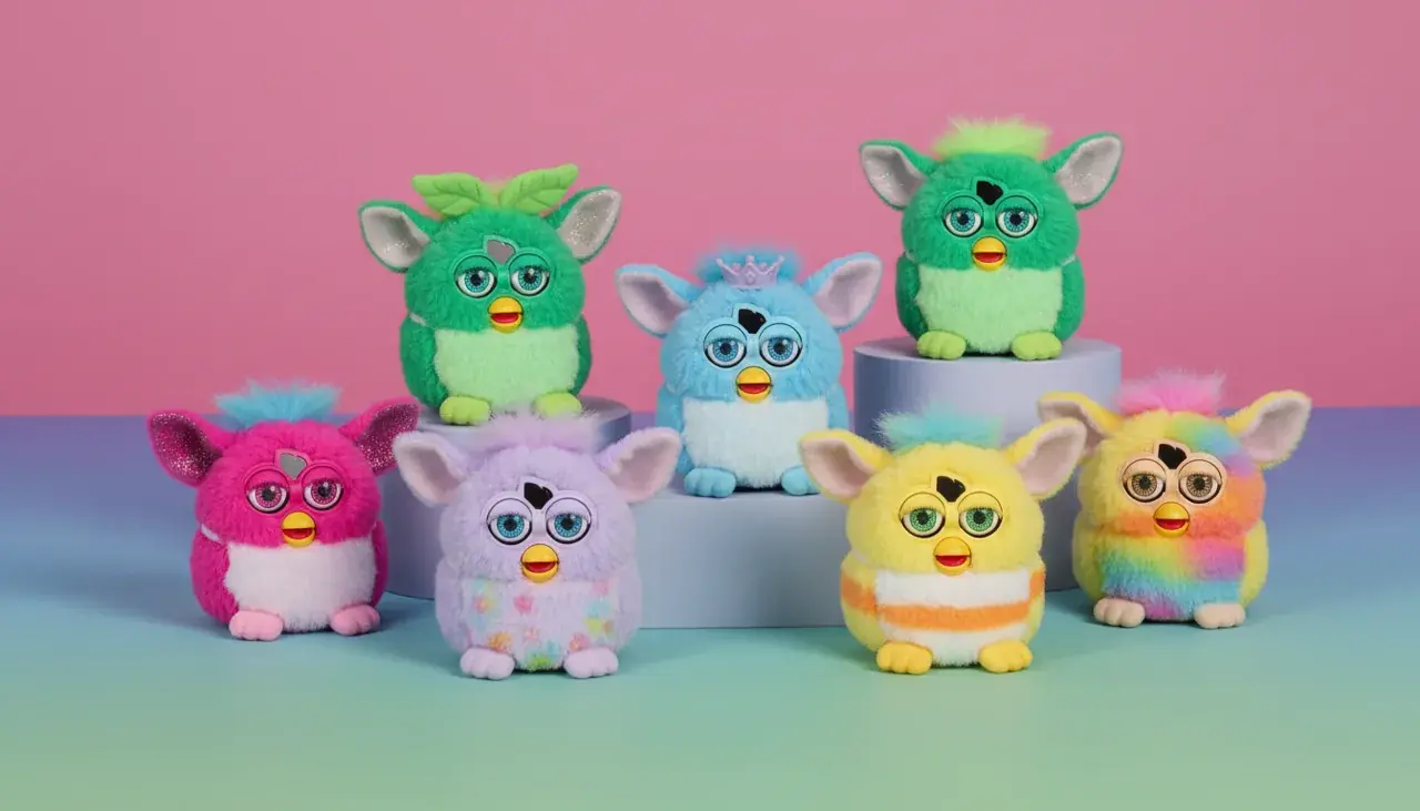 Collection of Furby Furblets showing various mini electronic plush toys in different colors