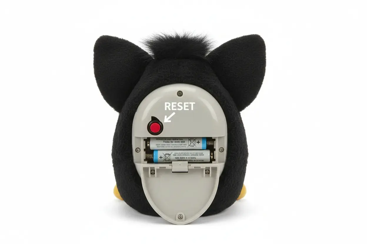 Furby battery compartment showing reset button location