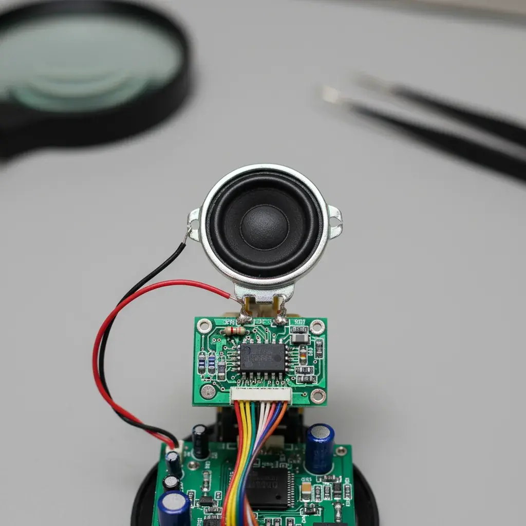 inside a furby showing speaker and audio components