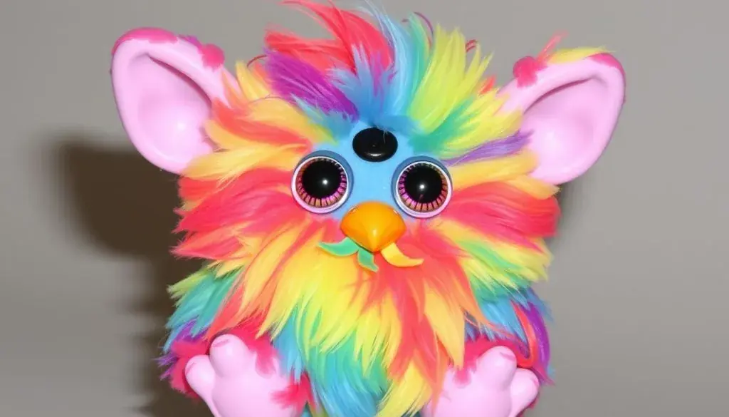 Image of the 1998 Rainbow Furby with its distinctive rainbow features