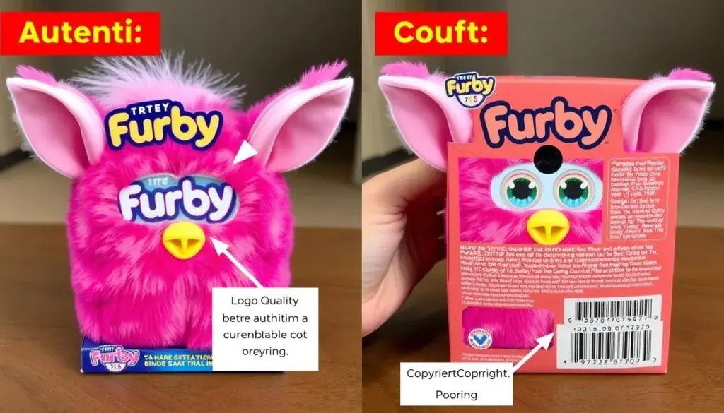 Comparison between authentic and counterfeit Furby packaging details Comparison between authentic and counterfeit Furby packaging details