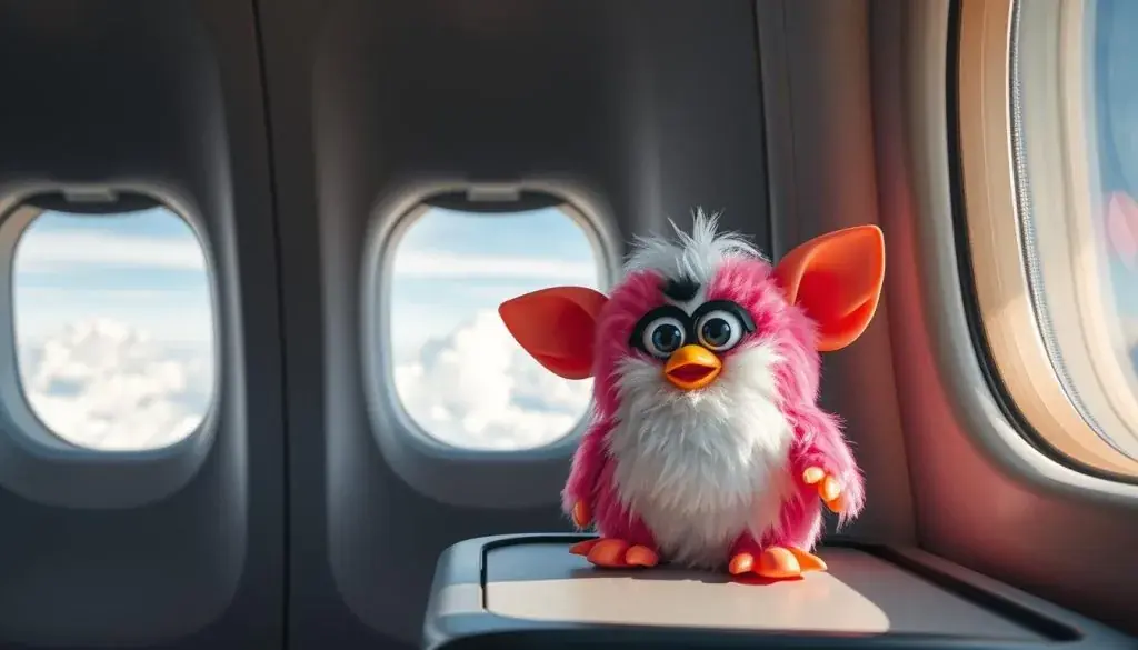 A Furby toy next to an airplane window, illustrating the airline ban concerns A Furby toy next to an airplane window, illustrating the airline ban concerns