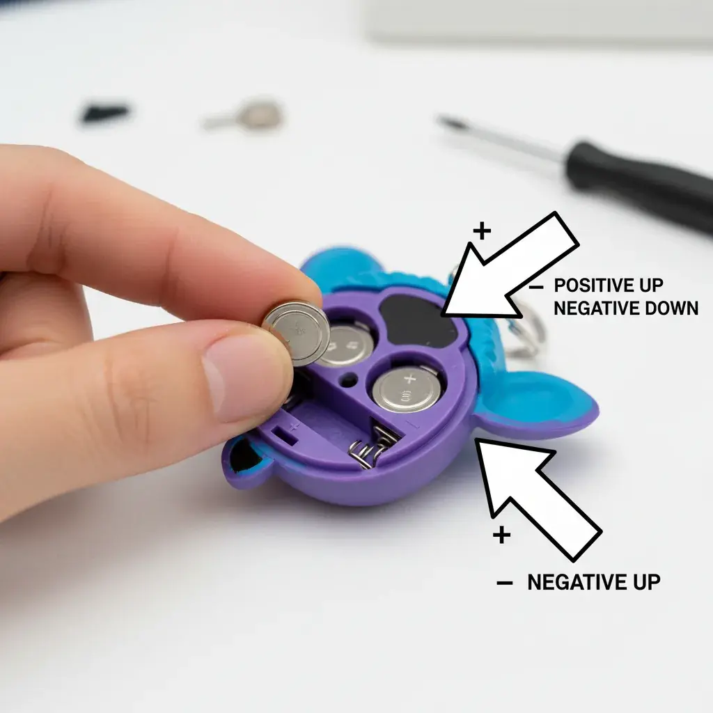 correct battery installation in furby keychain compartment