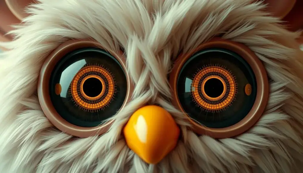 A pair of large, expressive Furby eyes with highly detailed, emotive animatronic mechanisms. The eyes are rendered in high-resolution, capturing every subtle nuance of movement and internal mechanics. The lighting is soft and diffused, creating a sense of depth and dimension. The eyes are the focal point, surrounded by a slightly blurred, muted background to draw the viewer's attention. The overall mood is one of fascination and wonder, highlighting the technical sophistication and lifelike qualities of the Furby's iconic features. A pair of large, expressive Furby eyes with highly detailed, emotive animatronic mechanisms. The eyes are rendered in high-resolution, capturing every subtle nuance of movement and internal mechanics. The lighting is soft and diffused, creating a sense of depth and dimension. The eyes are the focal point, surrounded by a slightly blurred, muted background to draw the viewer's attention. The overall mood is one of fascination and wonder, highlighting the technical sophistication and lifelike qualities of the Furby's iconic features.