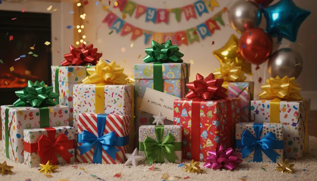 Beautifully wrapped Furby gifts arranged for holiday and birthday celebrations