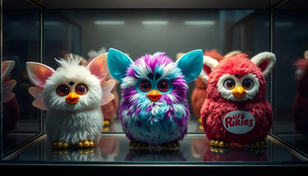 Rare special edition original Furbies displayed in a collector's showcase Rare special edition original Furbies displayed in a collector's showcase