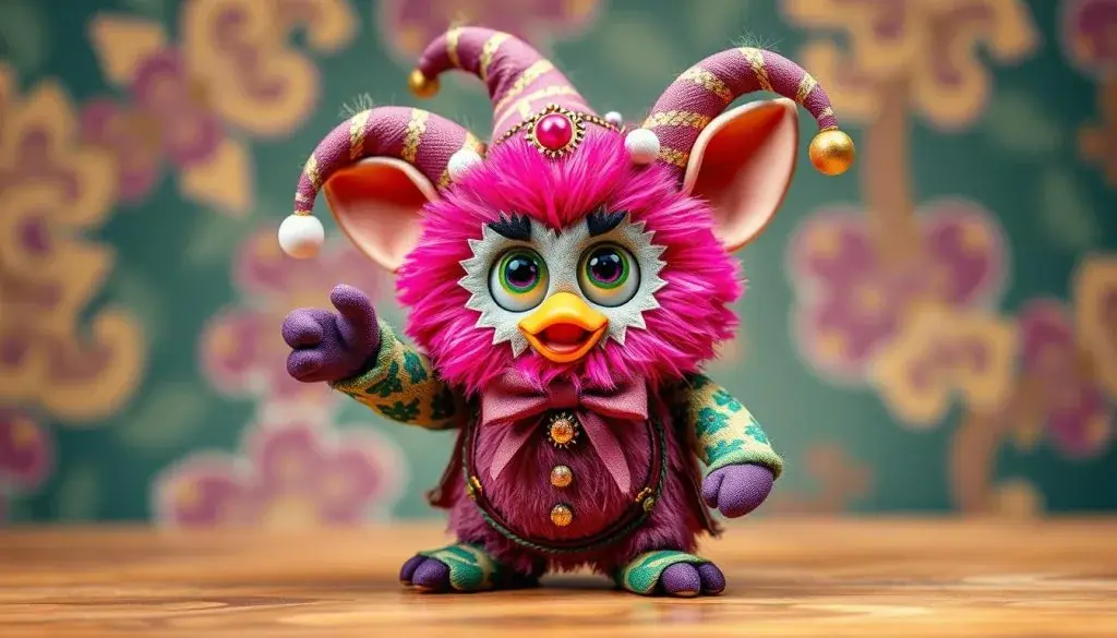 A high-quality, one-of-a-kind Furby Jester collectible figure, meticulously crafted with attention to every detail. The jester's whimsical attire, adorned with vibrant patterns and intricate embellishments, creates a captivating visual spectacle. The figure stands poised in a dynamic, playful pose, inviting the viewer to engage with its endearing and expressive features. Carefully sculpted, the Furby Jester's exaggerated facial features and proportions convey a sense of personality and charm. Soft, plush textures and a warm, inviting color palette contribute to the overall appeal of this special edition collectible, making it a truly unique and desirable item for any Furby enthusiast.