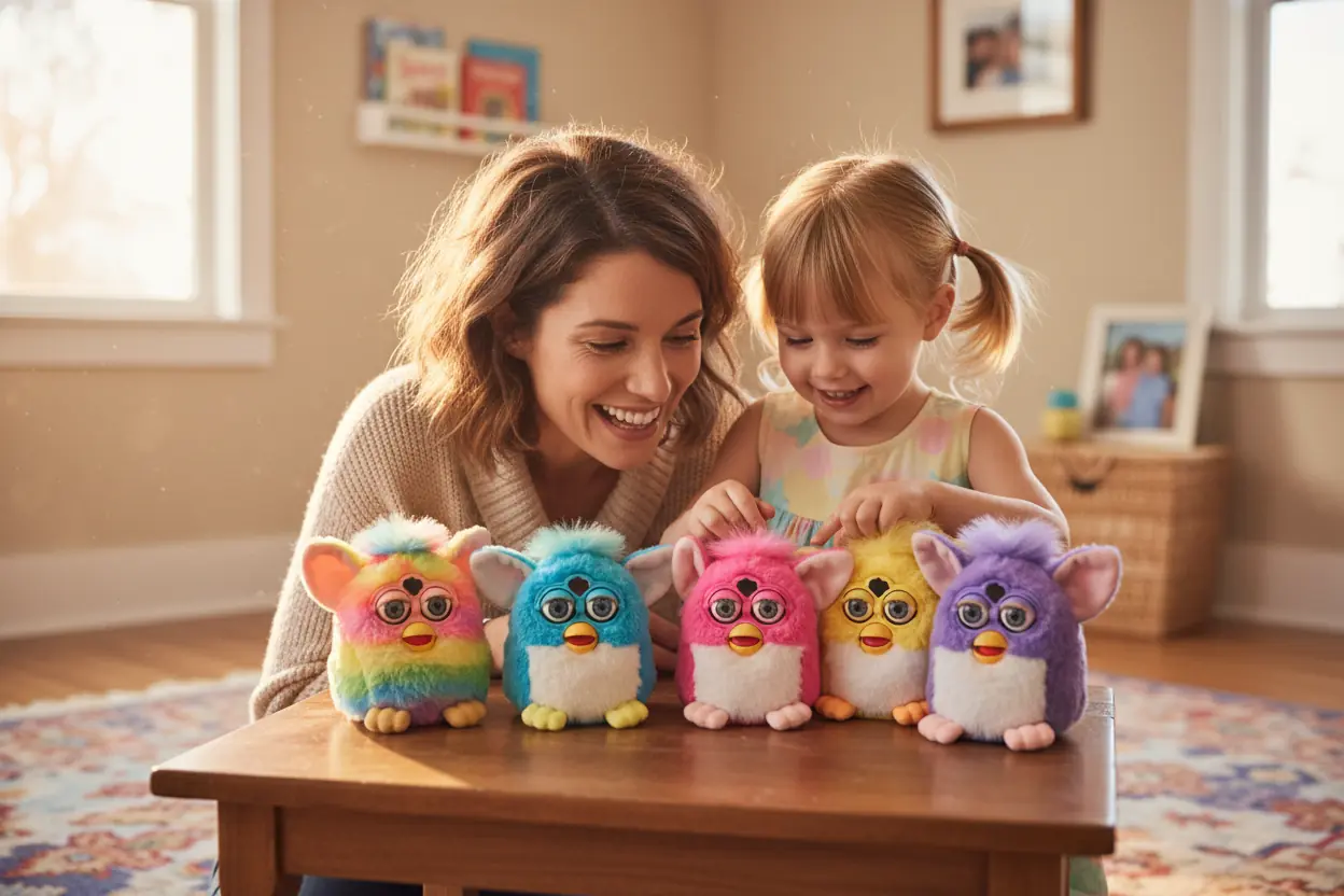 parent and child selecting furby toy together