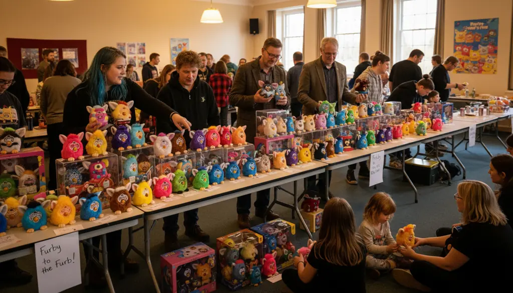 Furby collector community meeting showing enthusiasts sharing their collections