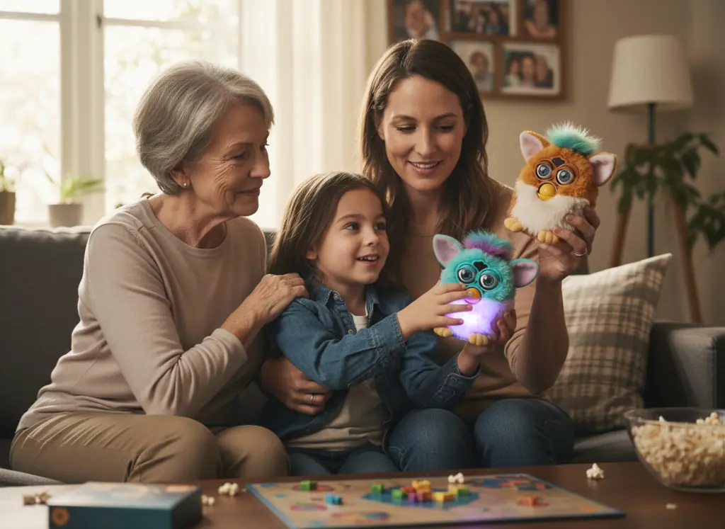 parent and child bonding over Furby toys spanning generations