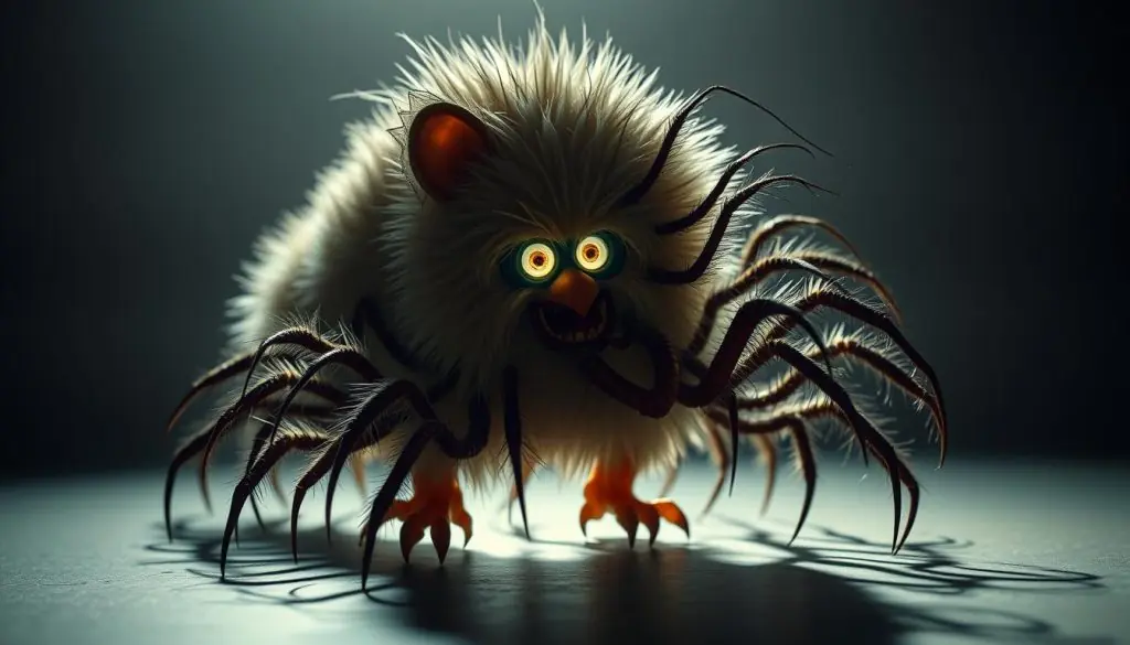 A peculiar creature emerges, a hybrid of the beloved Furby and the unsettling centipede. Its furry body undulates with dozens of segmented legs, each tipped with sharp claws. Glowing eyes peer out from beneath the tufted fur, conveying a sense of otherworldly intelligence. The Furby Centipede stands poised, its many limbs coiled and ready to strike. The scene is illuminated by a soft, ambient light, casting dramatic shadows that accentuate the creature's intricate details. The overall impression is one of both fascination and unease, a testament to the mysterious nature of this rare and captivating entity.