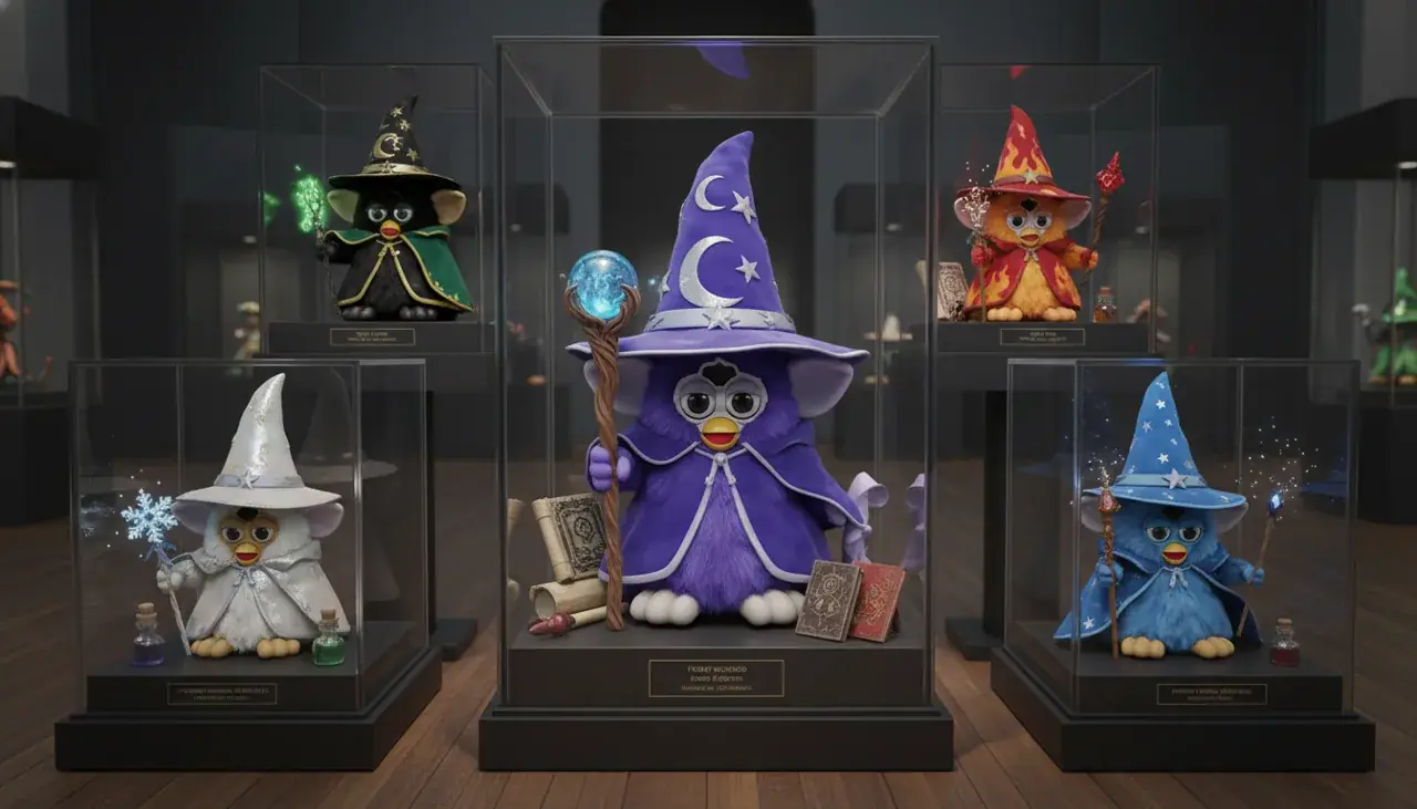 Wizard Furby collection showing multiple variants and accessories