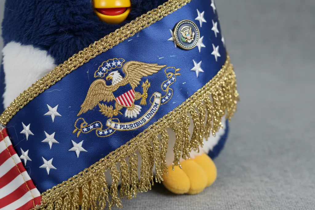 Detail of presidential sash and patriotic embellishments on President Furby