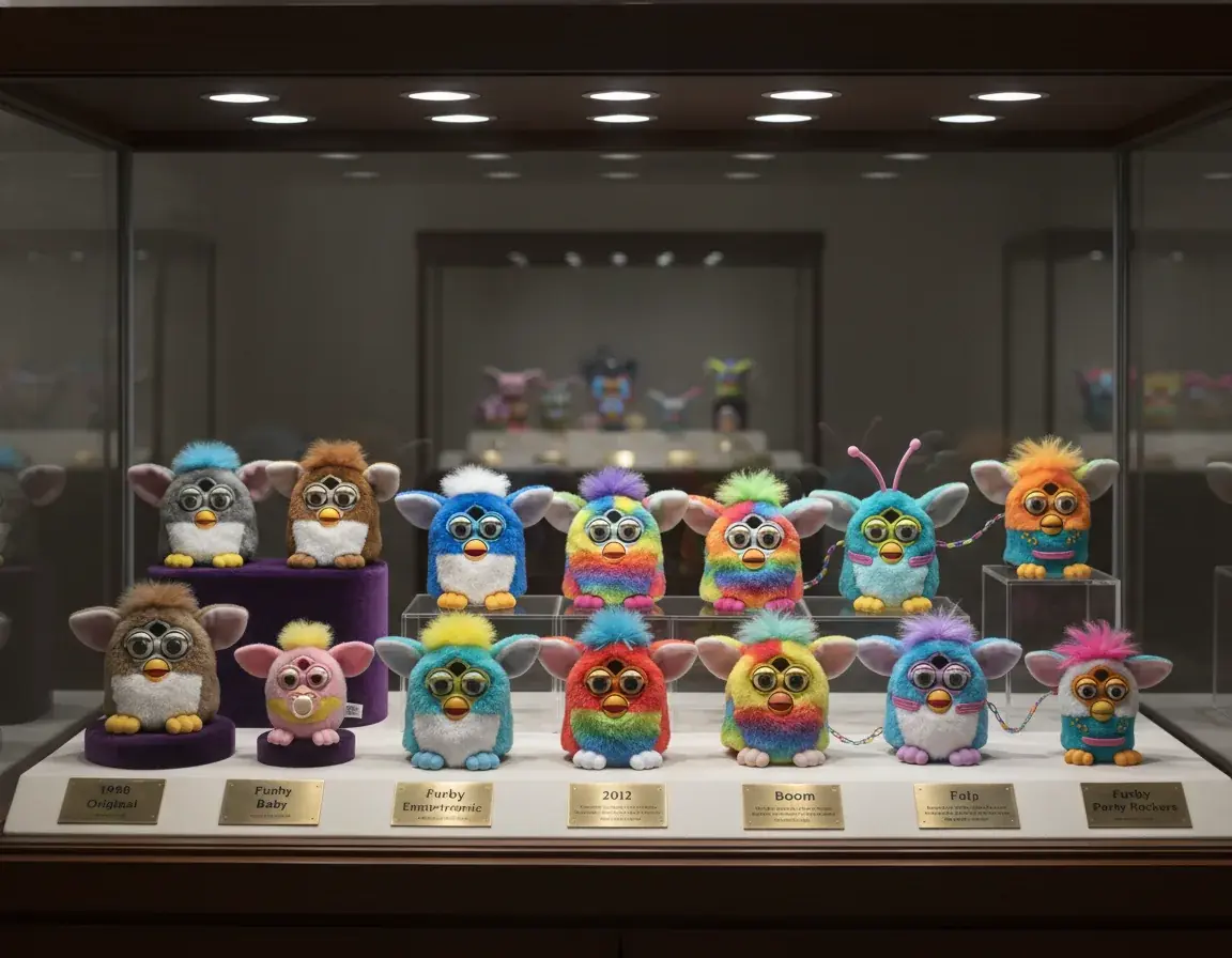collection of Furby toys representing all generations together