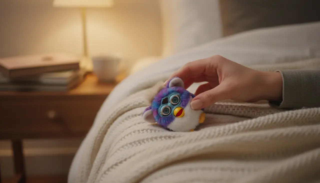 Hand gently placing Mini Furby on its side to activate sleep mode