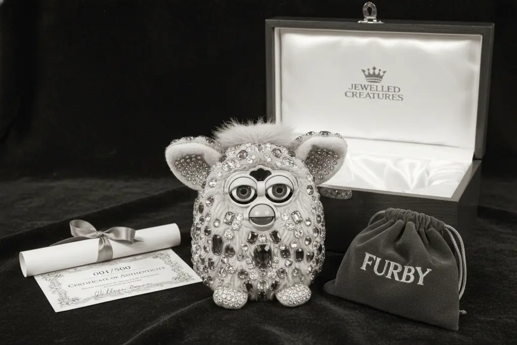 Bejewelled Furby with certificate and velvet pouch