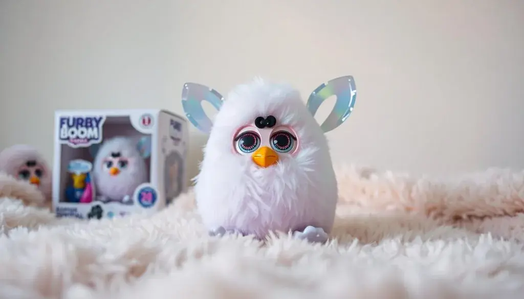 A pristine Furby Boom Crystal sits atop a soft, plush surface, its iridescent shell shimmering under soft, diffused lighting. The foreground captures the toy's intricate details - its button eyes, furred body, and captivating facial expressions, conveying a sense of whimsical wonder. The middle ground features the Furby's packaging, a translucent box that showcases the toy's features. In the background, a muted, pastel-hued setting creates a serene, almost dreamlike atmosphere, allowing the Furby to take center stage. The overall composition exudes a sense of excitement and anticipation, inviting the viewer to unbox and interact with this enchanting creature.