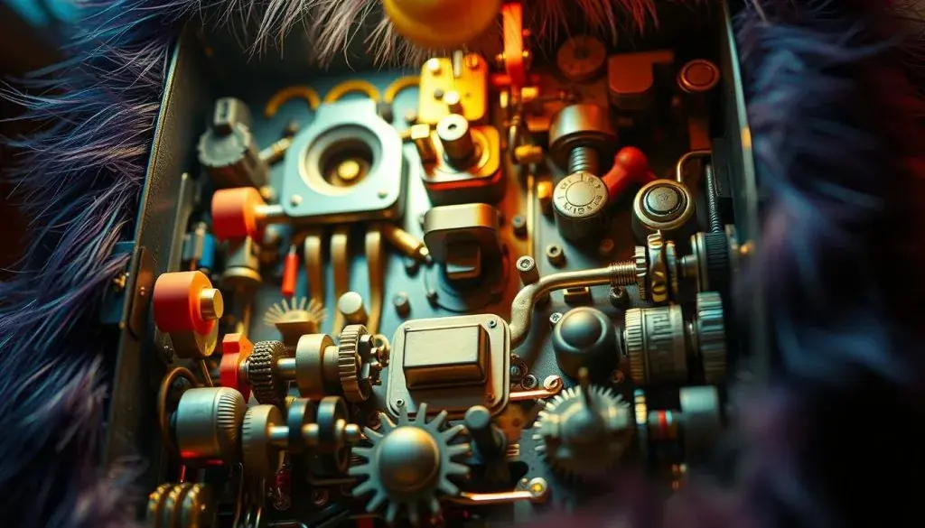 Detailed cross-section of a Furby organ, revealing its intricate inner workings. In the foreground, a maze of gears, levers, and cogs, all intricately connected to produce the signature Furby sounds. The middle ground showcases the organ's power source, a small electric motor, while the background depicts the outer casing, with its iconic fur-covered exterior. The overall scene is lit by a warm, technical glow, captured through a high-resolution, macro lens to emphasize the precision and complexity of the Furby's mechanical innards.