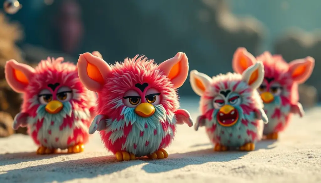 Vibrant and lifelike Furby Coral toy models, showcasing the 5 distinct voice-activated modes: Awake, Sleep, Hungry, Happy, and Angry. Detailed textures capture the soft, plush appearance of the Furby's furry exterior. Backlit with warm, natural lighting to accentuate the coral-like ridges and vibrant colors. Photographed from multiple angles to reveal the toy's expressive features and dynamic poses. Staged in a serene underwater environment, with a blurred, aquatic backdrop that complements the Furby's aquatic-inspired design. The image conveys the playful, engaging nature of the Furby Coral, aligning with the informative tone of the article section. Vibrant and lifelike Furby Coral toy models, showcasing the 5 distinct voice-activated modes: Awake, Sleep, Hungry, Happy, and Angry. Detailed textures capture the soft, plush appearance of the Furby's furry exterior. Backlit with warm, natural lighting to accentuate the coral-like ridges and vibrant colors. Photographed from multiple angles to reveal the toy's expressive features and dynamic poses. Staged in a serene underwater environment, with a blurred, aquatic backdrop that complements the Furby's aquatic-inspired design. The image conveys the playful, engaging nature of the Furby Coral, aligning with the informative tone of the article section.