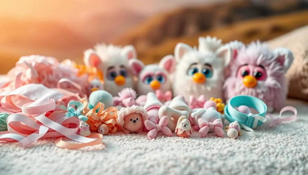 A cozy collection of plush toy accessories on a soft, textured surface. In the foreground, an assortment of colorful, tactile fabrics, ribbons, and trimmings in pastel hues. The middle ground features a selection of miniature Furby-inspired accessories, such as tiny hats, scarves, and bows, all crafted with meticulous attention to detail. The background is a dreamy, blurred landscape, creating a sense of warmth and intimacy. Soft, diffused lighting casts a gentle glow, highlighting the delicate textures and inviting the viewer to touch and explore this personalized Furby playset.