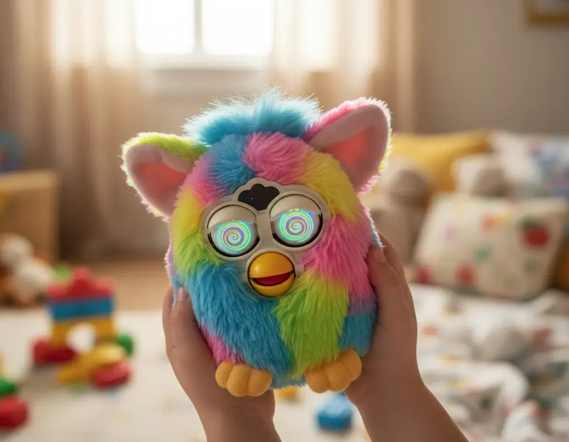 Furby being tilted showing motion sensor activation with dizzy eyes