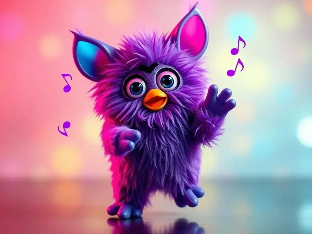 Furby in Dance Party mode with musical notes and colorful lights Furby in Dance Party mode with musical notes and colorful lights