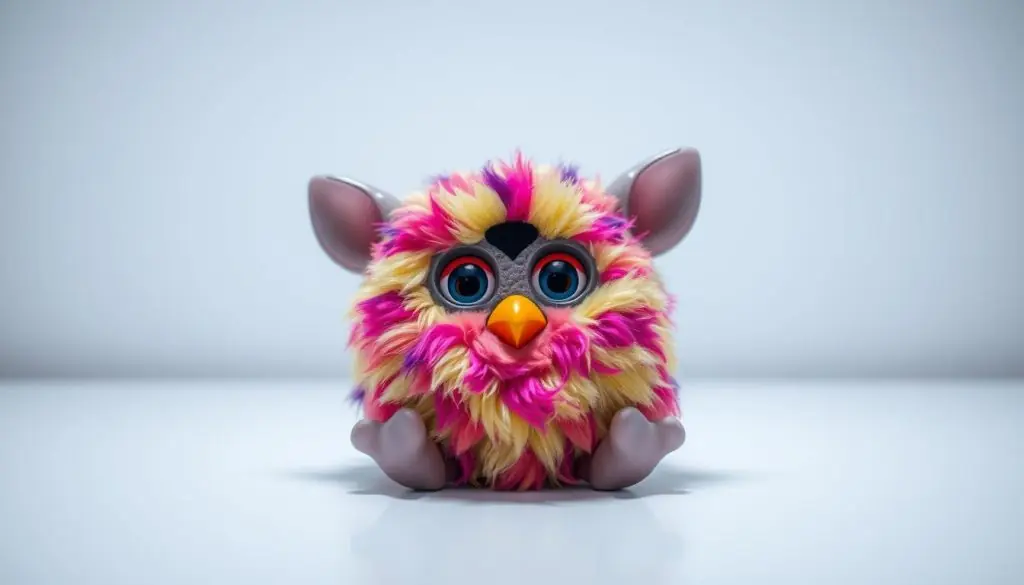 A cute Furby toy lying on a white table, its eyes and mouth motionless, indicating it has been switched off. The Furby is positioned in the center of the frame, with soft, even lighting illuminating its plush, multi-colored fur. The background is clean and minimalist, allowing the Furby to be the focal point. The image conveys a sense of simplicity and ease, reflecting the "how to turn off" theme of the article section.