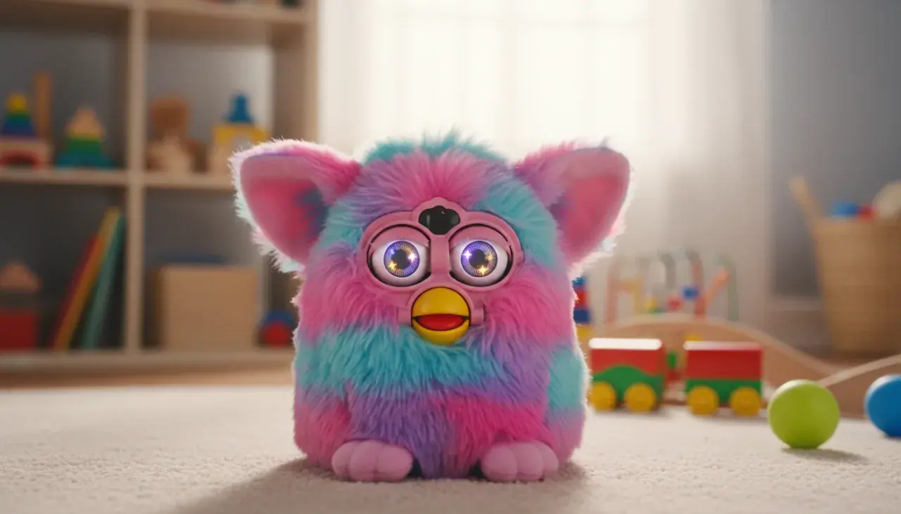Colorful Furby toy with expressive eyes ready for interaction and communication