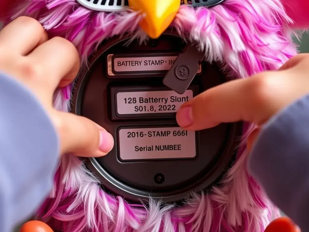 Person examining an original Furby for authenticity markers Person examining an original Furby for authenticity markers