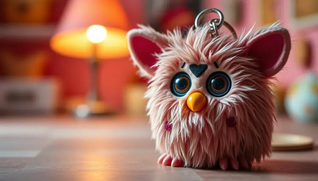 A detailed, vintage-style Furby keychain, set against a nostalgic backdrop. The Furby has a playful, wide-eyed expression, with its signature fur coat and distinctive markings. Soft, warm lighting illuminates the keychain, creating a cozy, inviting atmosphere. The keychain is positioned in the foreground, with a blurred, slightly out-of-focus background hinting at a retro, pastel-colored room or setting. The composition emphasizes the charm and collectibility of this iconic 90s toy, conveying a sense of whimsy and nostalgia. A detailed, vintage-style Furby keychain, set against a nostalgic backdrop. The Furby has a playful, wide-eyed expression, with its signature fur coat and distinctive markings. Soft, warm lighting illuminates the keychain, creating a cozy, inviting atmosphere. The keychain is positioned in the foreground, with a blurred, slightly out-of-focus background hinting at a retro, pastel-colored room or setting. The composition emphasizes the charm and collectibility of this iconic 90s toy, conveying a sense of whimsy and nostalgia.