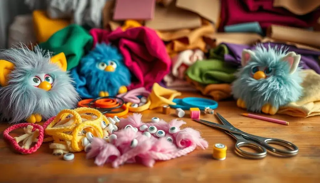 A vibrant assortment of colorful fabrics, plush materials, and crafting tools arranged on a wooden table. In the foreground, a selection of pastel-hued furry fabrics, googly eyes, and pipe cleaners. In the middle ground, scissors, needles, thread, and small sewing accessories. The background showcases a variety of textured materials like felt, velvet, and cardboard, all ready to be transformed into an adorable Furby costume. Soft, warm lighting illuminates the scene, creating a cozy, inviting atmosphere perfect for a DIY costume project.