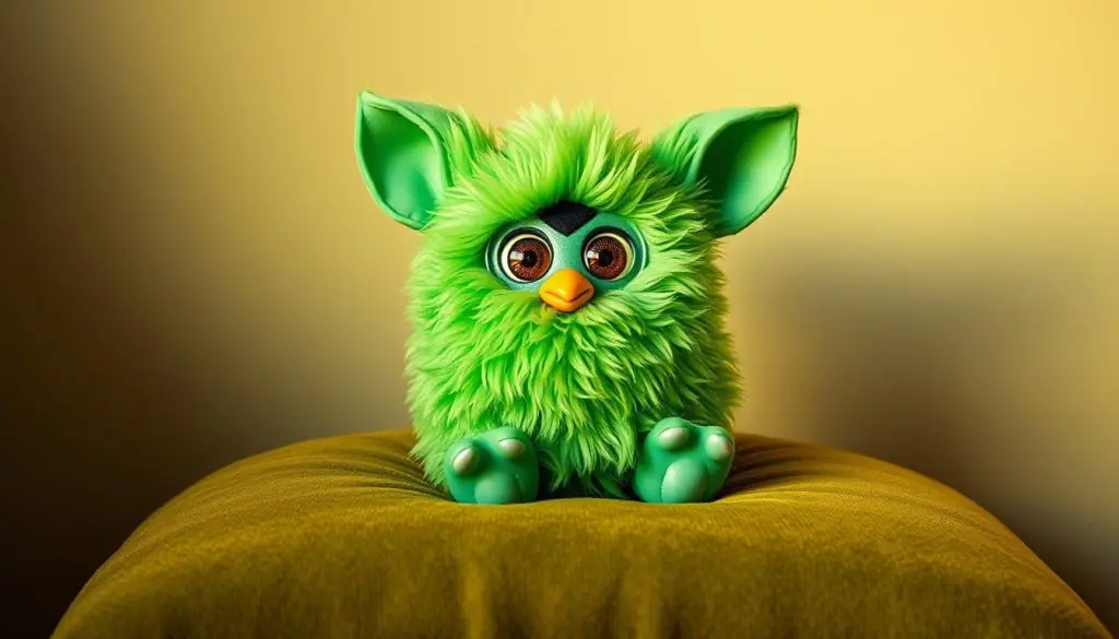 A vintage Furby in a unique, vibrant shade of green, sitting atop a plush, moss-colored velvet cushion. The toy's fur has a slightly worn, textured appearance, giving it an antique, collectible feel. Soft, warm lighting casts gentle shadows, highlighting the Furby's distinctive features and expressive eyes. The background is a muted, sage-toned wall, creating a cozy, nostalgic atmosphere. The overall composition emphasizes the allure and timeless appeal of this iconic 90s toy, now showcased in a captivating, one-of-a-kind color.